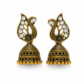 Antique gold peacock jhumka earrings with clear crystals on white background