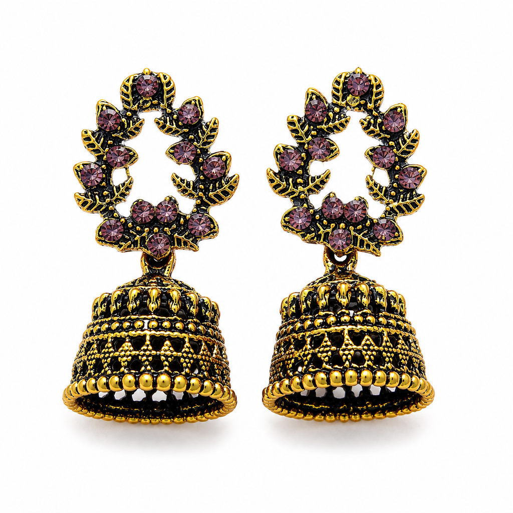 Antique gold jhumka earrings with purple stones and leaf wreath design