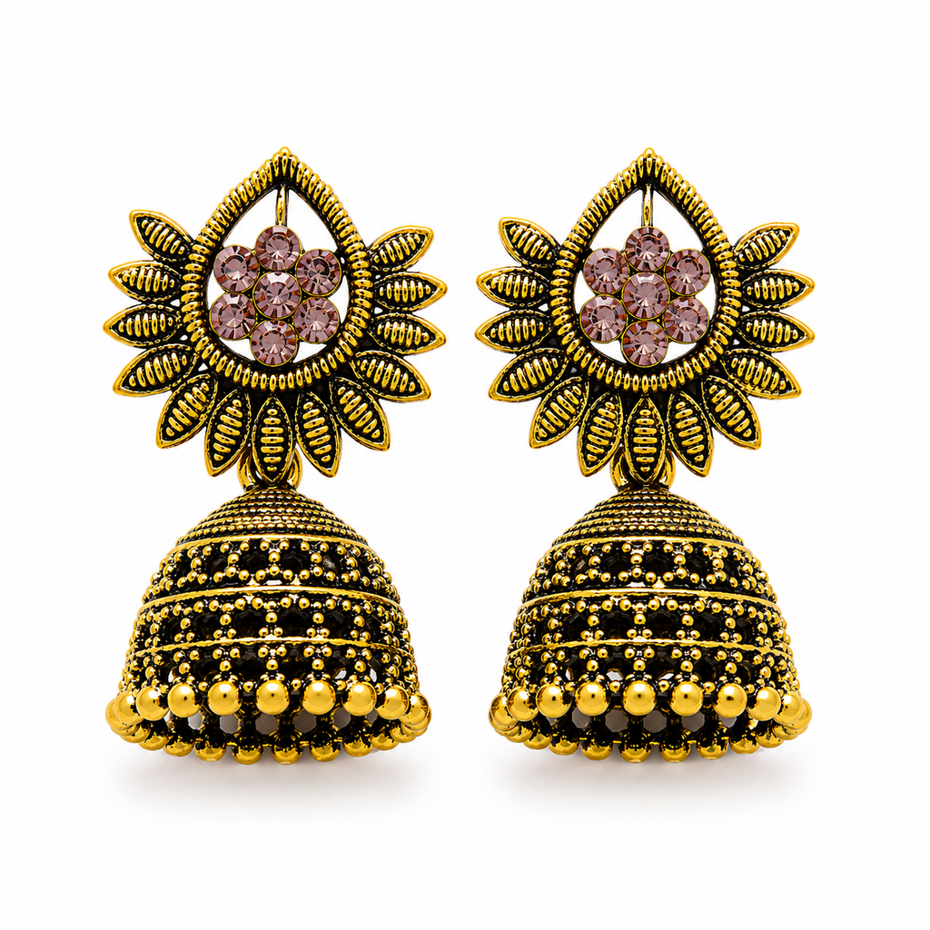 Antique gold jhumka earrings with pink stones and sunburst petal top