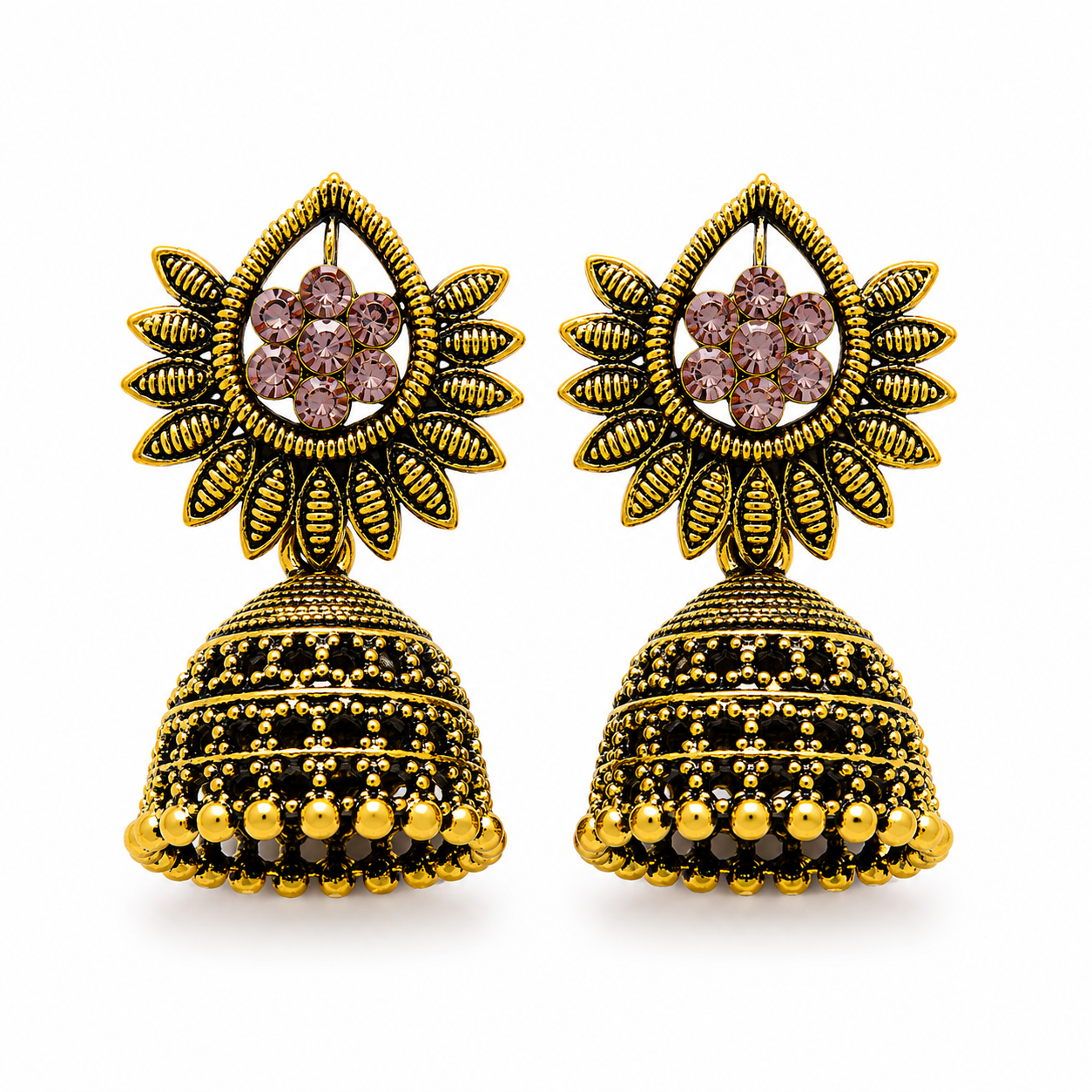 Antique gold jhumka earrings with pink stones and sunburst petal top