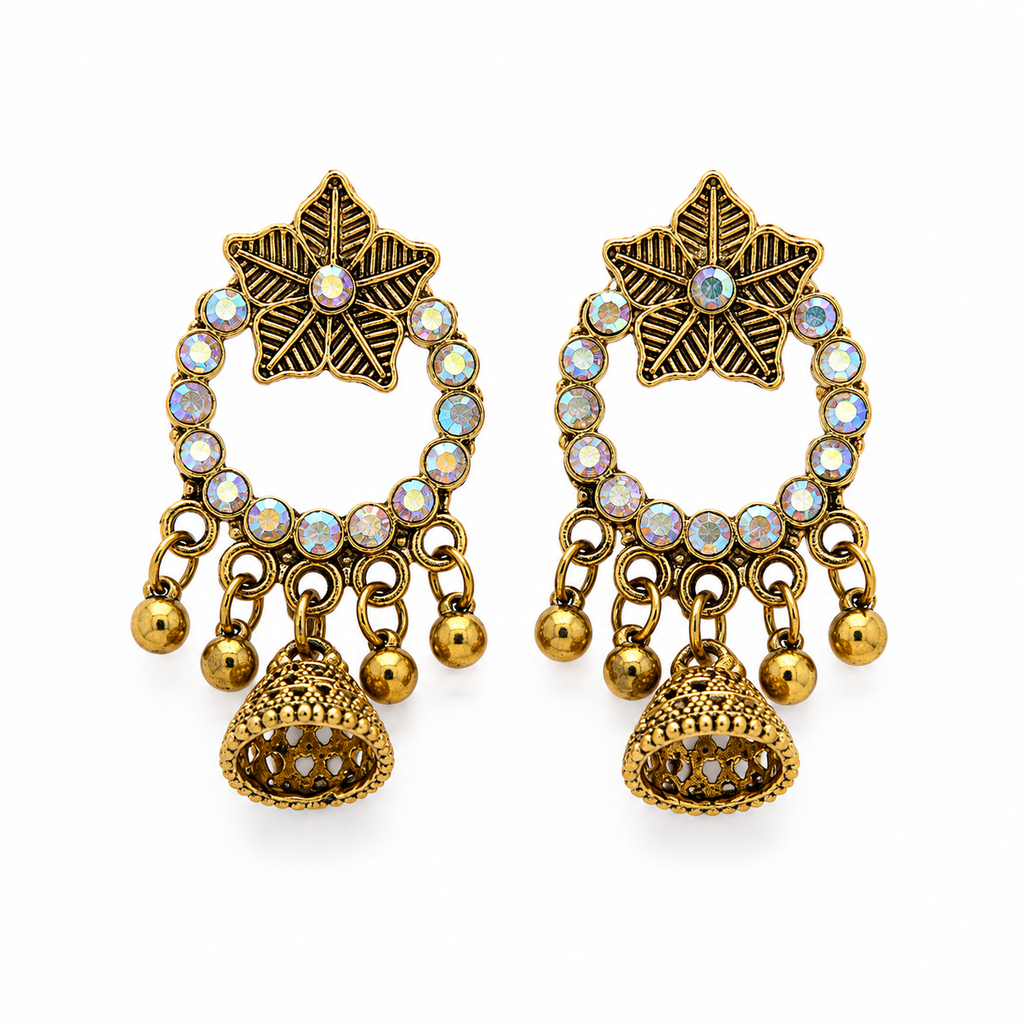 Antique gold star jhumka earrings with rainbow crystal hoop on white background