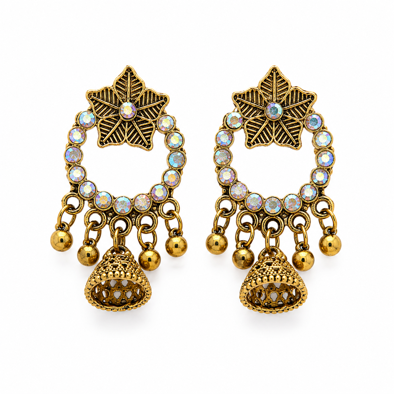 Antique gold star jhumka earrings with rainbow crystal hoop on white background