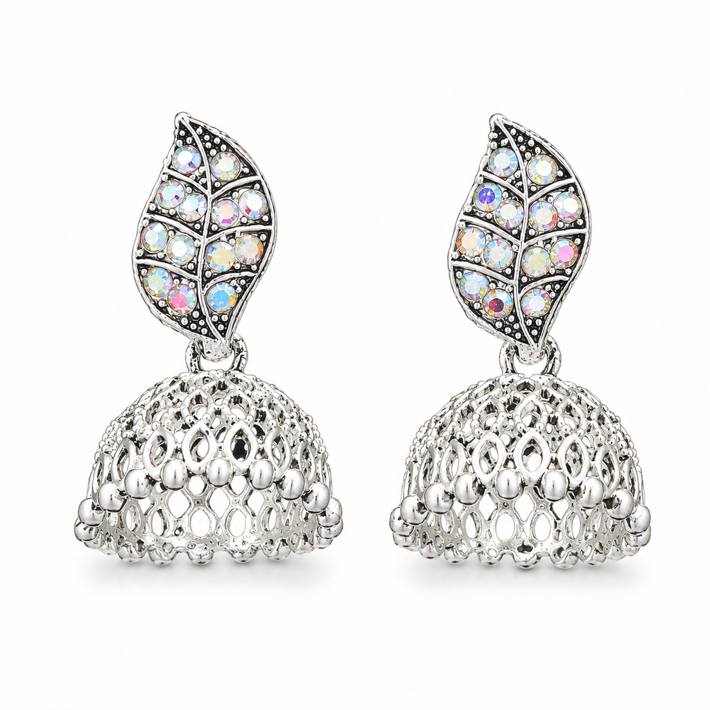 Silver leaf jhumka earrings with rainbow crystals on white background
