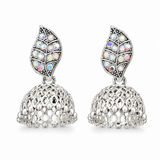 Silver leaf jhumka earrings with rainbow crystals on white background