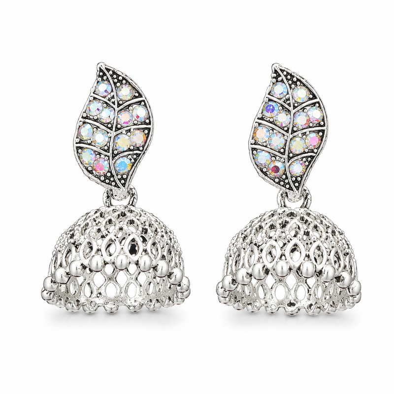 Silver leaf jhumka earrings with rainbow crystals on white background
