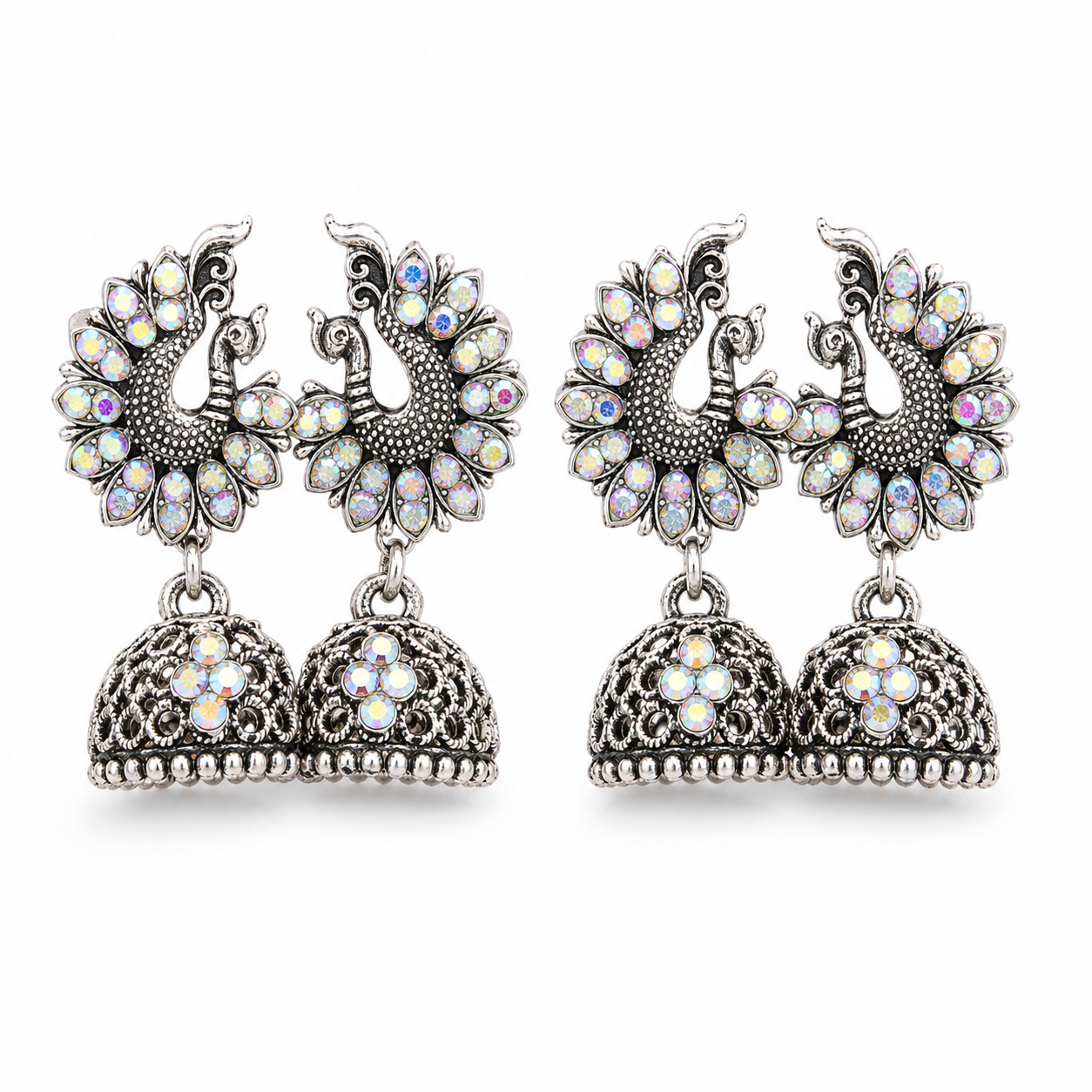 Oxidised silver double peacock jhumka earrings with rainbow crystals on white background