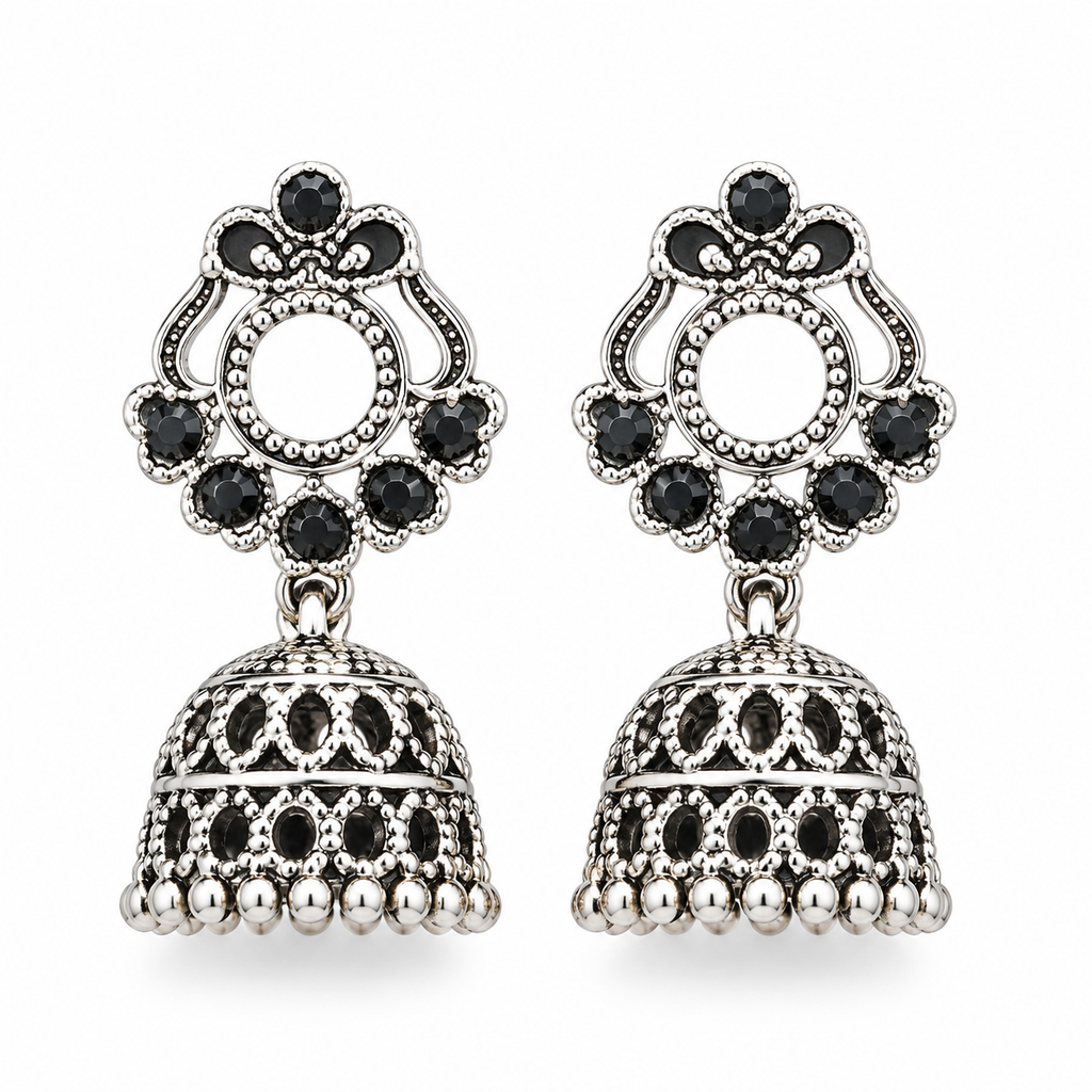 Oxidised silver black stone jhumka earrings with fan top on white background