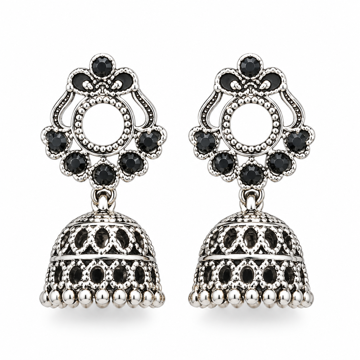 Oxidised silver black stone jhumka earrings with fan top on white background