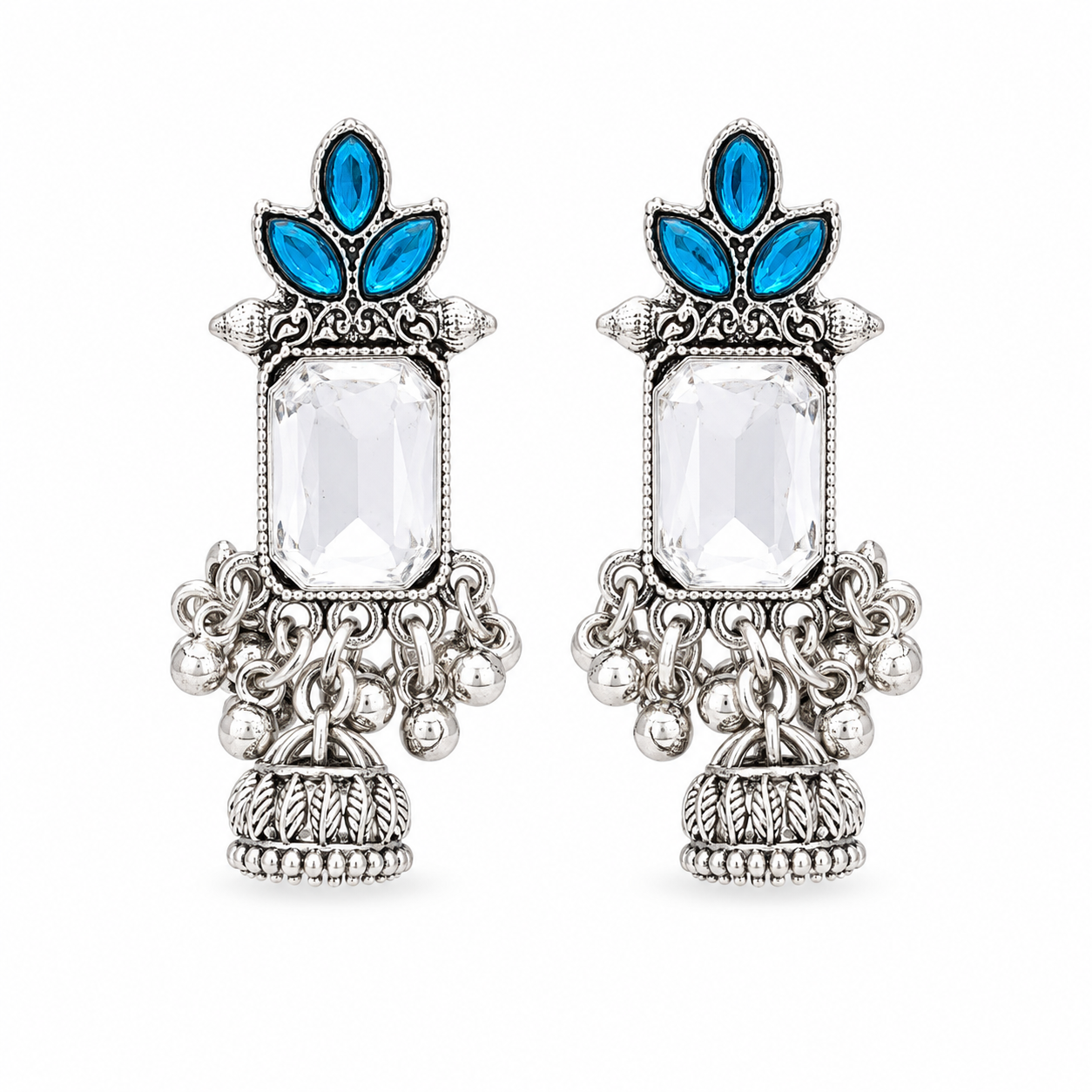 Oxidised silver blue stone jhumka earrings with crystal centre on white background