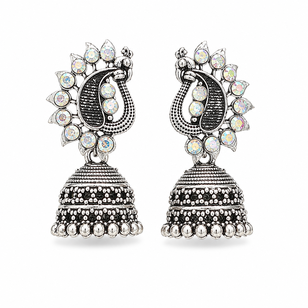 Oxidised silver peacock jhumka earrings with rainbow crystals on white background