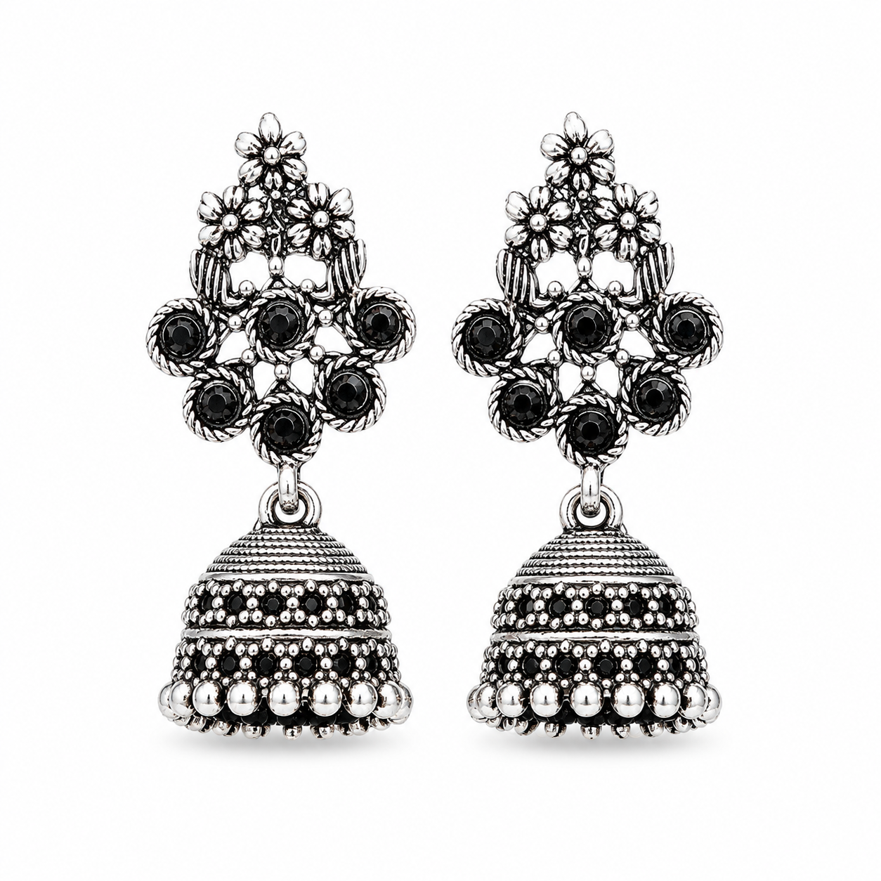 Oxidised silver floral jhumka earrings with black stones on white background