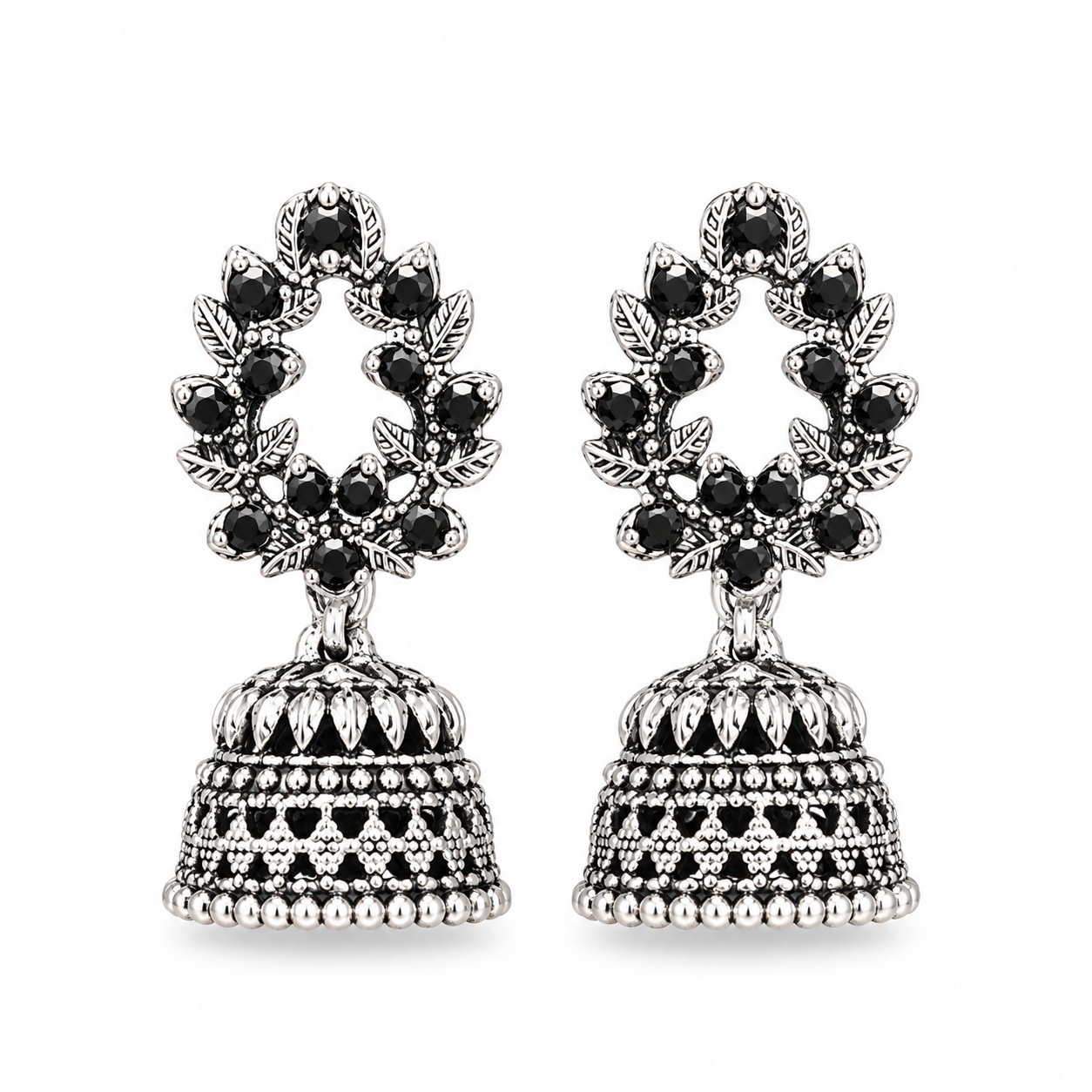 Oxidised silver black stone leaf wreath jhumka earrings on white background