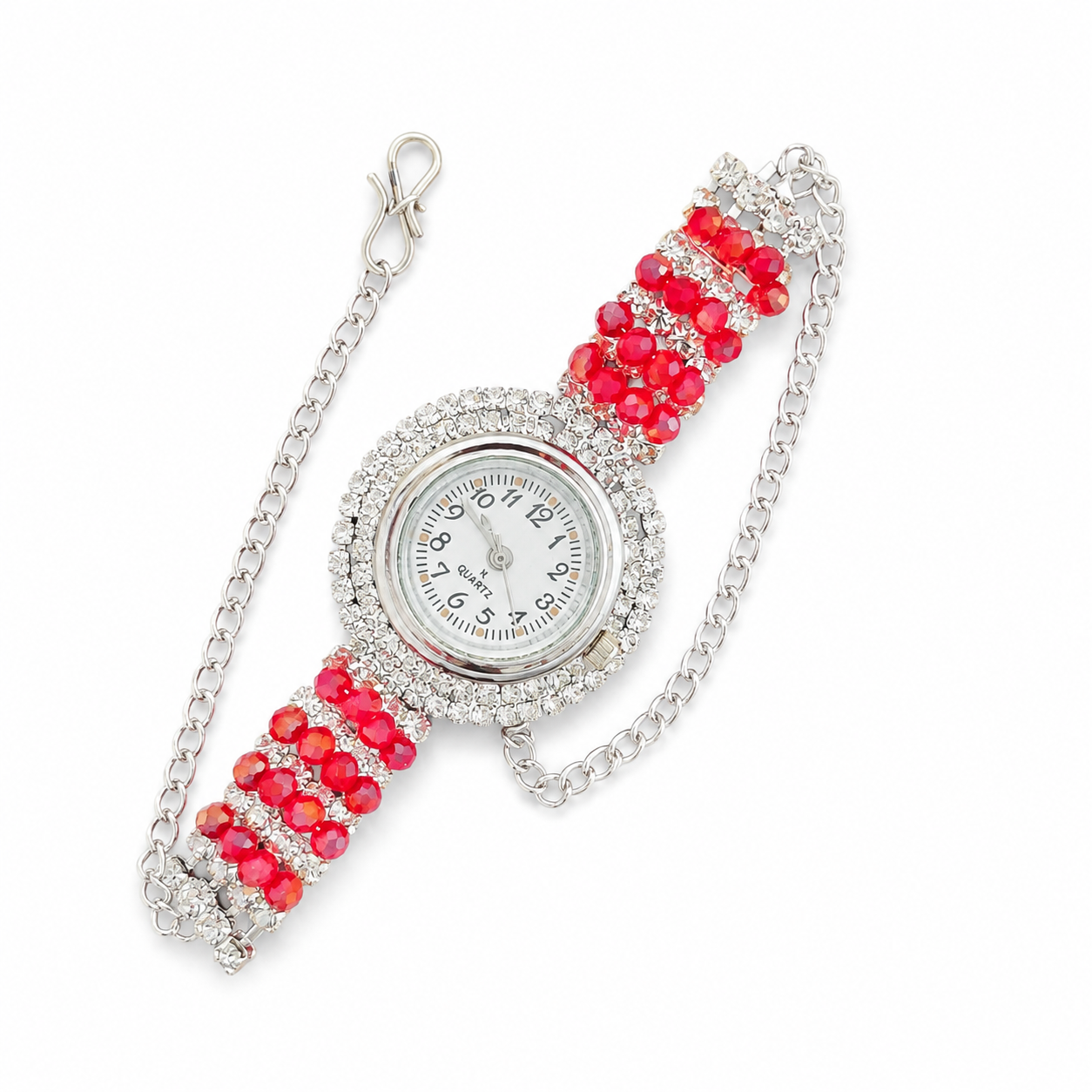 Crystal bracelet watch with red beads on white background