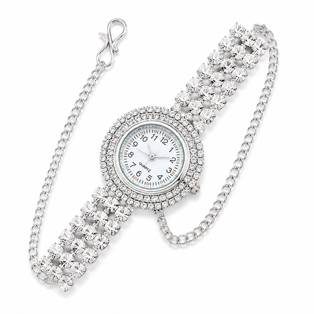 Silver crystal bracelet watch for women with chain strap