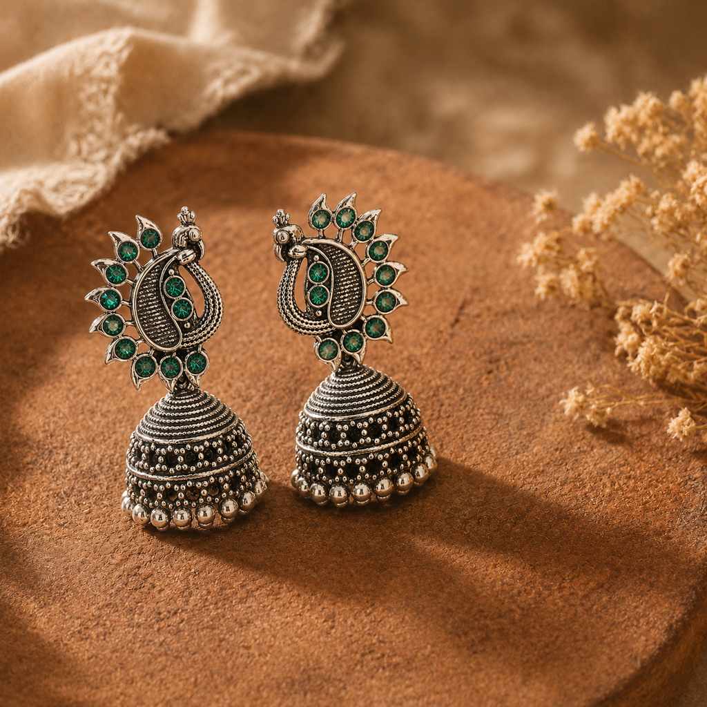 Oxidised silver peacock jhumka earrings with green stones on terracotta