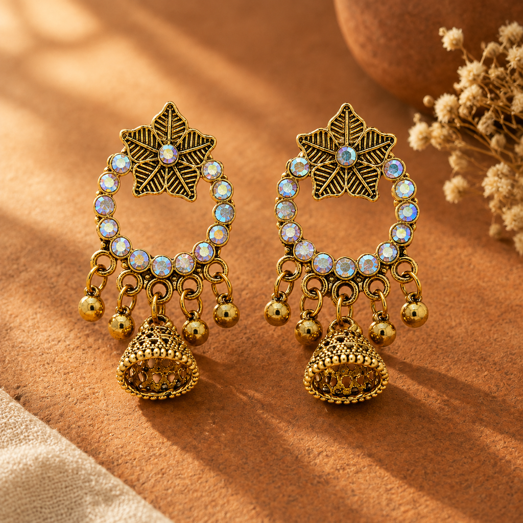 Antique gold star jhumka earrings with rainbow crystal hoop on terracotta