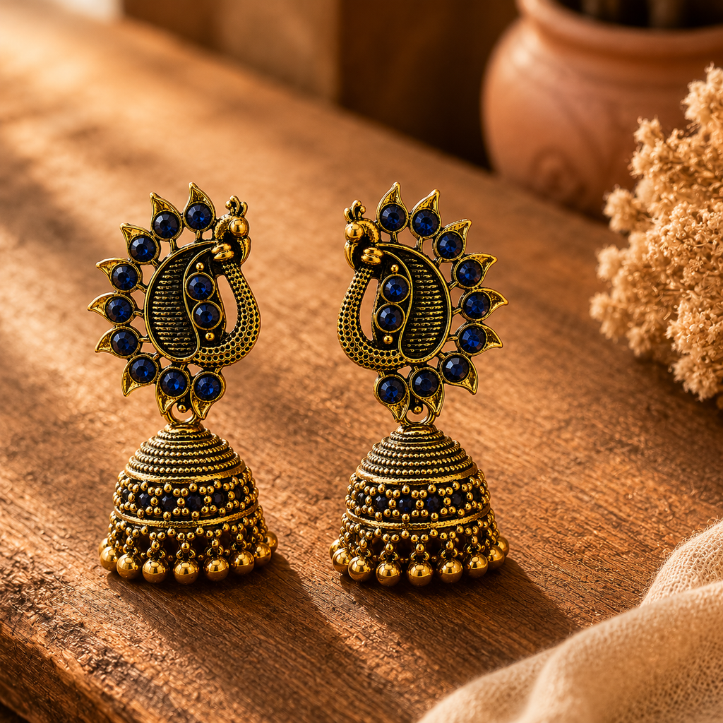 Antique gold blue stone peacock jhumka earrings styled on wooden surface