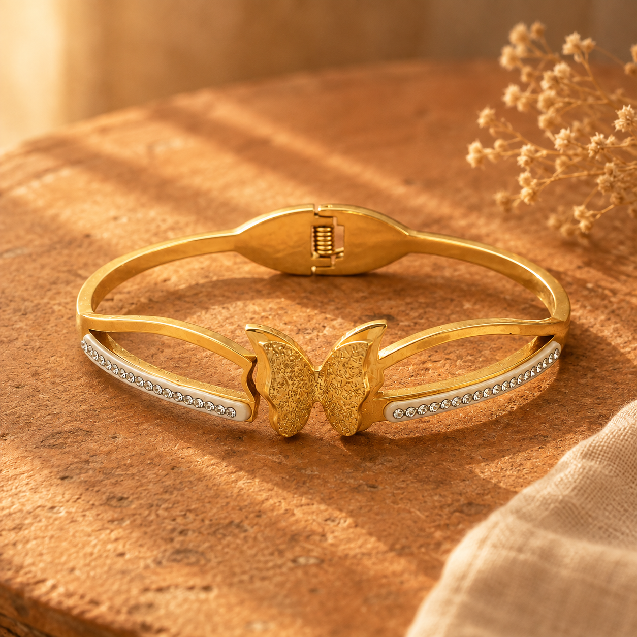 Golden butterfly bangle bracelet styled on terracotta surface