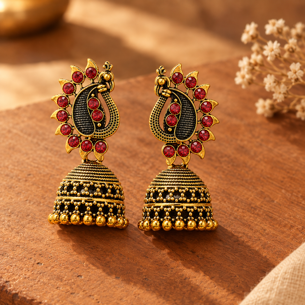 Antique gold red stone peacock jhumka earrings styled on wooden surface