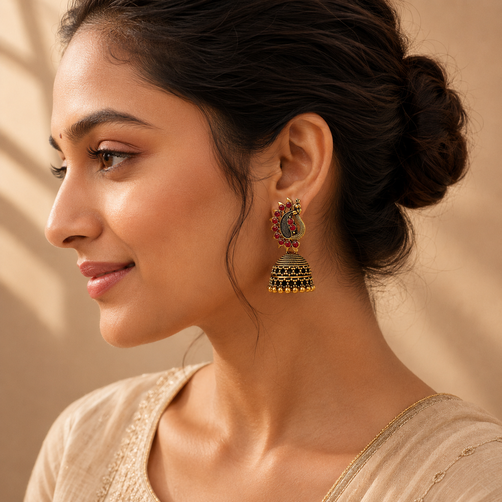 Model wearing antique gold red stone peacock jhumka earrings