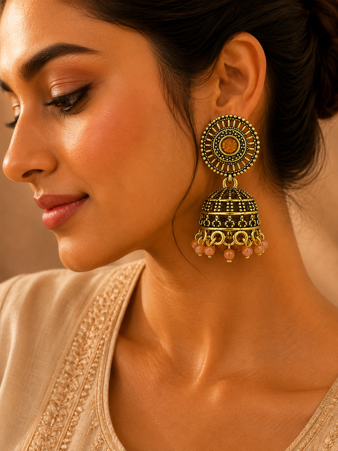 Model wearing antique gold amber bead jhumka earrings with saree