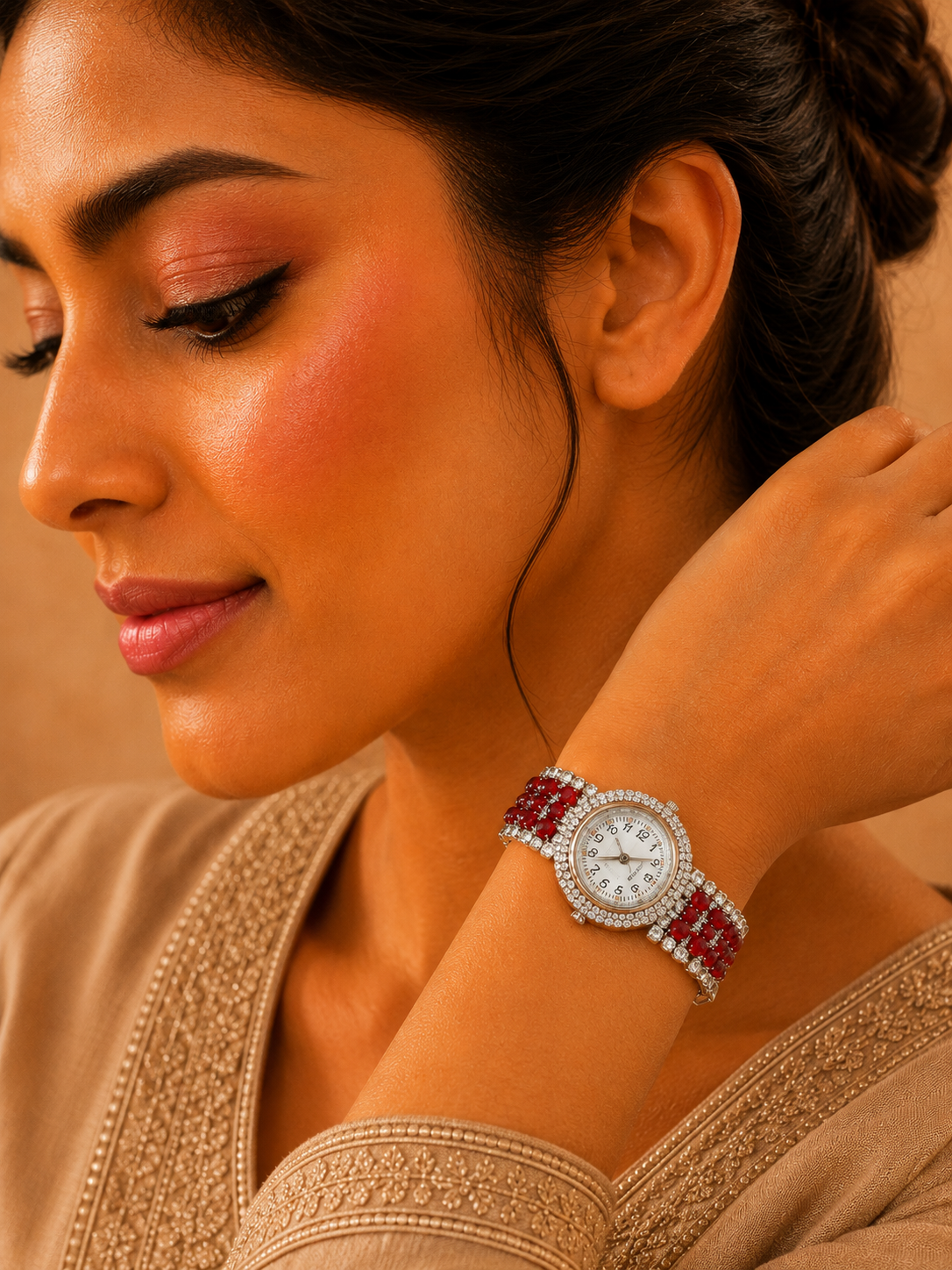 Model wearing crystal bracelet watch with red beads