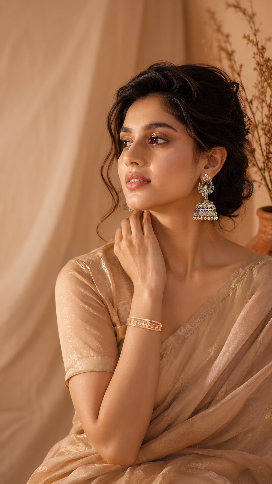 A woman wearing a beige sari and matching blouse, styled with a gold bangle and ornate silver-toned earrings, posed against a warm beige draped backdrop.
