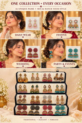 Model wearing antique gold jhumka earrings from the 16-pair box for daily wear, festive, wedding and party looks – Jaan Creations