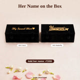 Two black velvet jhumka gift boxes with gold mirror name plates – "My Second Mom" with a heart and "Yuvarani" with a butterfly. Add her name or a message on the box for ₹200 – Jaan Creations