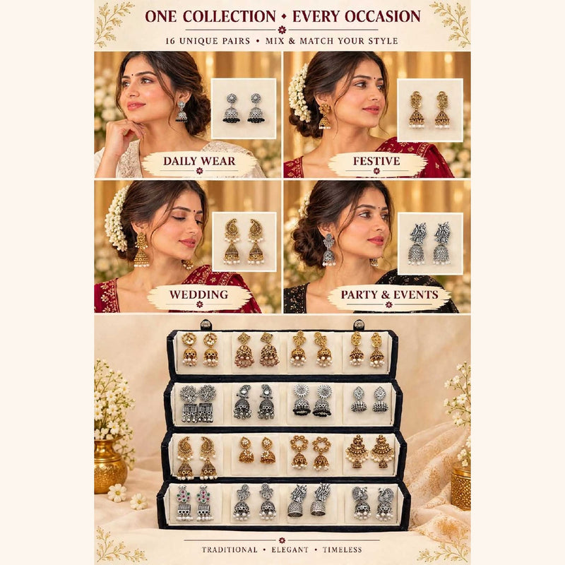Model wearing jhumka earrings from the 16-pair box for daily wear, festive, wedding and party looks – Jaan Creations
