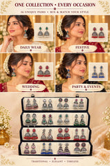 Model wearing oxidised silver jhumka earrings from the 16-pair box for daily wear, festive, wedding and party looks – Jaan Creations