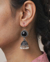 Oxidised Silver Black Stone Jhumka Earrings with Pearl Drops