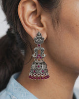Oxidised Silver Lakshmi Peacock Jhumka Earrings with Red Beads