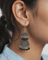 Oxidised Silver Tiered Jhumka Earrings with Black Bead Drops