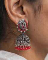 Oxidised Silver Peacock Jhumka Earrings with Red Stones