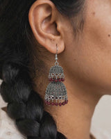 Oxidised Silver Floral Stud Jhumka Earrings with Bead Drops
