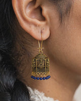 Antique Gold Temple Lantern Earrings with Lakshmi Motif and Blue Beads