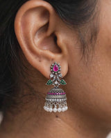 Oxidised Silver Pink Stone Jhumka Earrings with Green Accents and Pearl Drops