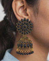Antique Gold Black Stone Floral Jhumka Earrings with Pearl Drops