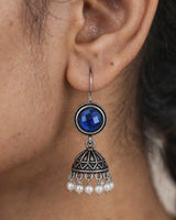 Oxidised Silver Blue Stone Jhumka Earrings with Pearl Drops