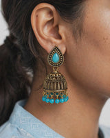 Antique Gold Ribbed Jhumka Earrings with Turquoise Stone