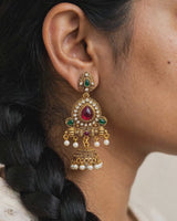 Antique Gold Pendant Earrings with Red Stone and Pearl Drops