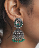 Oxidised Silver Peacock Enamel Jhumka Earrings with Green Stones