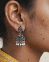 Oxidised Silver Peacock Jhumka Earrings with Red and Green Stones and Pearl Drops