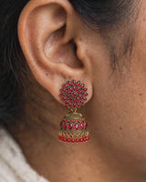 Antique Gold Red Stone Floral Jhumka Earrings with Bead Drops