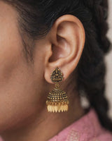 Antique Gold Lakshmi Temple Jhumka Earrings with Leaf Drops