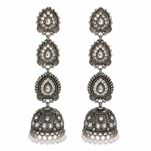 Oxidised silver triple-tier drop jhumka earrings with clear stones and pearls
