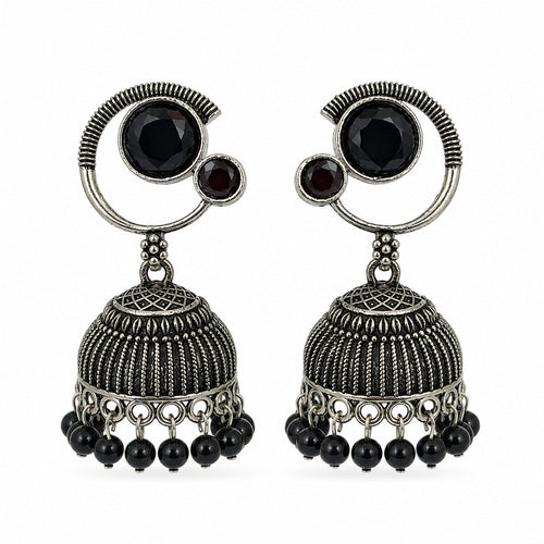 Oxidised silver crescent jhumka earrings with black stone