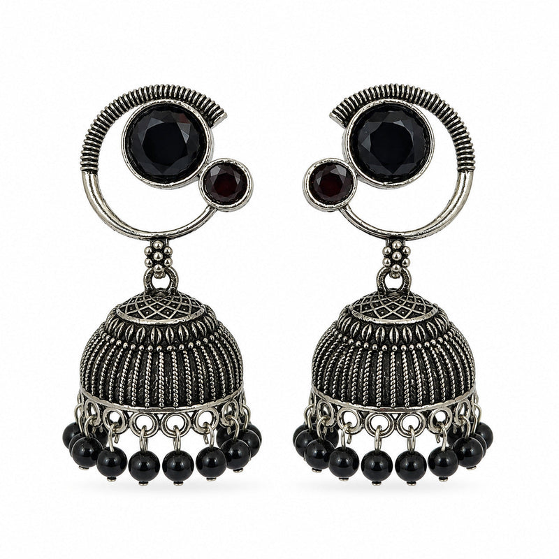 Oxidised silver crescent jhumka earrings with black stone