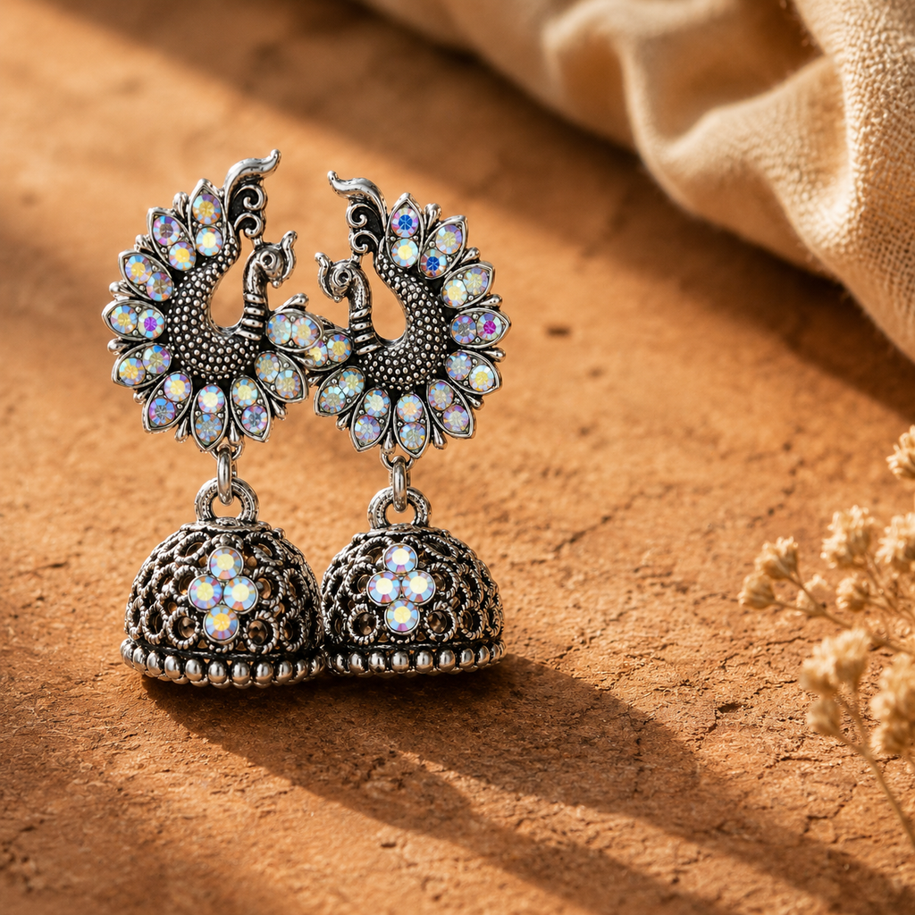 A pair of ornate silver-toned peacock jhumka earrings with iridescent white gemstones, displayed on a textured brown surface with a beige fabric and dried flowers in the background.